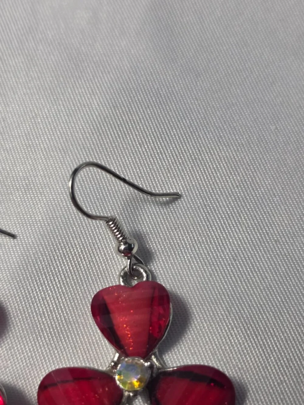 Red Floral Silver Tone Dangle Earrings with a Pink Dangle Charm French Wire